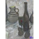 Eithane Shea - 20th century, Watercolour, Still life of peppers, a jug and a vase of flowers,