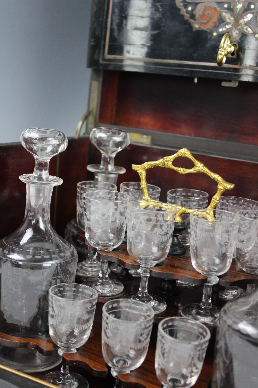 A 19th century ebonised liqueur cabinet, with brass, mother of pearl and king wood inlay, - Image 3 of 3