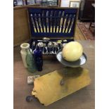 A selection of items to include a silver plated oak cased canteen,