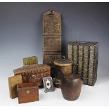 A selection of 19th century and later boxes, to include a lignum vitae box and cover,