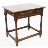 A late 17th century and later oak side table, with drawer on turned legs with stretchered base,