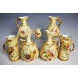 Three pairs of Royal Worcester blush ivory ewers comprising; Rd No.74149 1229, 15cm high, Rd No.