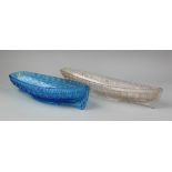 Two Sowerby glass pot pourri boats comprising; a blue faceted example, 31cm long,