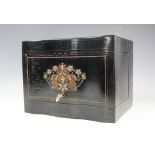 A 19th century ebonised liqueur cabinet, with brass, mother of pearl and king wood inlay,
