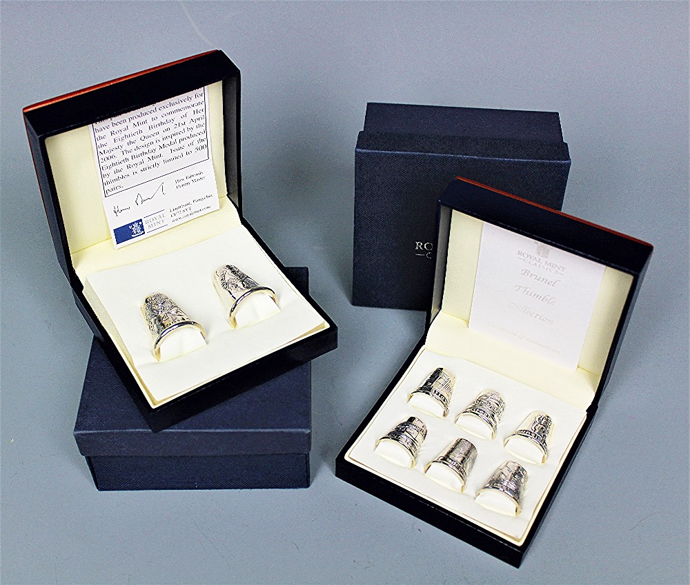 A cased set of six Brunel Royal Mint silver thimbles,