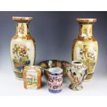 A selection of 20th century and later Japanese wares including; a pair of baluster vases, 46cm high,