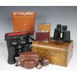 A selection of items including an inlaid work box and contents, two hip flasks,