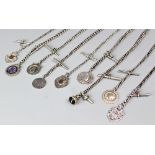 Eight assorted silver single watch albert chains,