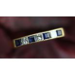 A sapphire and diamond half eternity ring, designed as four sapphires and three diamonds,