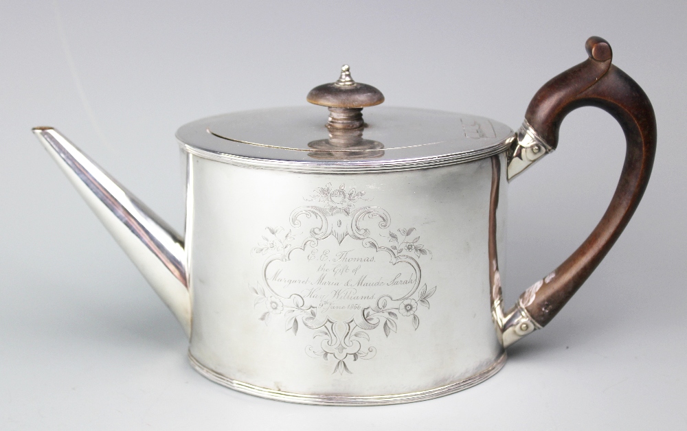 A George III silver teapot, Abraham Peterson, London 1791, of simple plain polished shape,