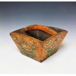 A Continental folk art trug / basket, externally painted with blooms and insects,