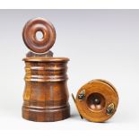 A 19th century French treen salt box, with circular back and moulded coopered body, 27cm,