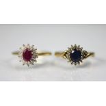 A sapphire and diamond and a ruby and diamond set cluster ring, both set in 9ct gold,