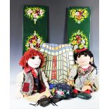 Two canal boat barge wear type painted panels, two Rosie and Jim soft toy dolls,