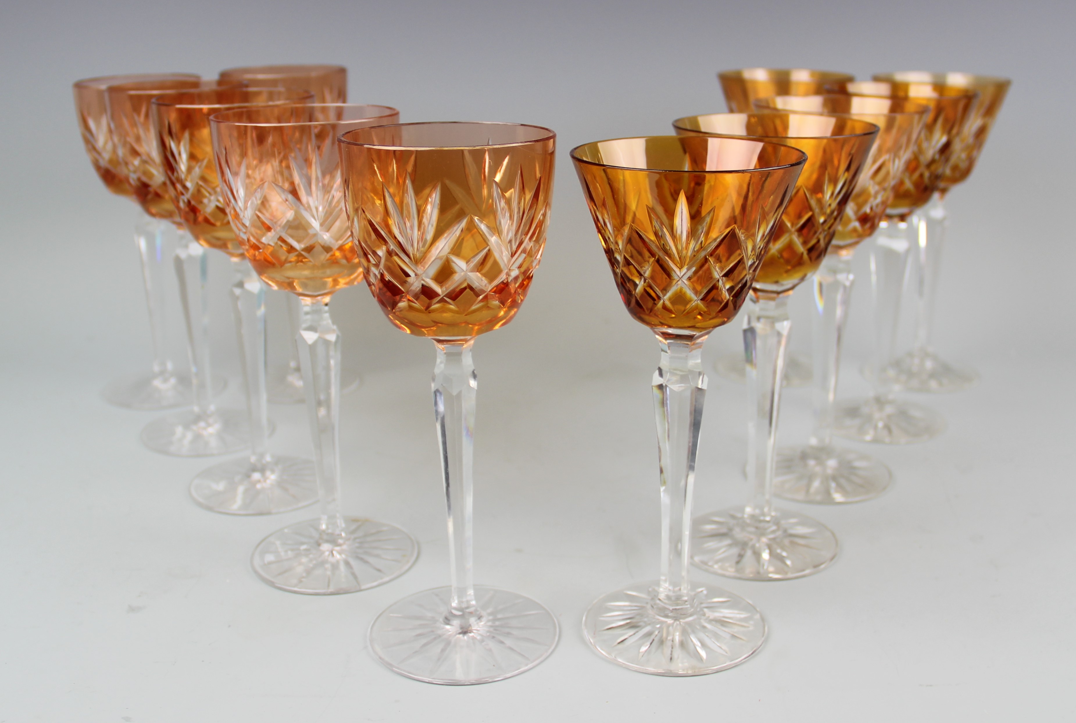 Two sets of six Bohemian cut glass hock glasses,