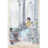 Attributed to Randolph Caldecott (1846-1886), Watercolour, Mother and daughter with flowers,