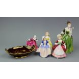 Five Royal Doulton figures, including 'Fleur' and 'Dinky Do',