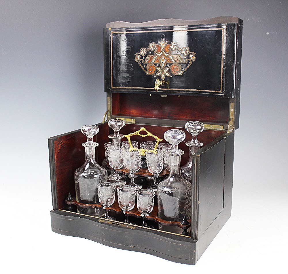 A 19th century ebonised liqueur cabinet, with brass, mother of pearl and king wood inlay, - Image 2 of 3