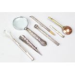 An assorted collection of small silver and plated wares, to include; a swizel stick,
