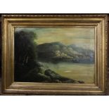 J Plum'r - late 19th century English School, Oil on canvas, Highland lake scene with rowing boat,