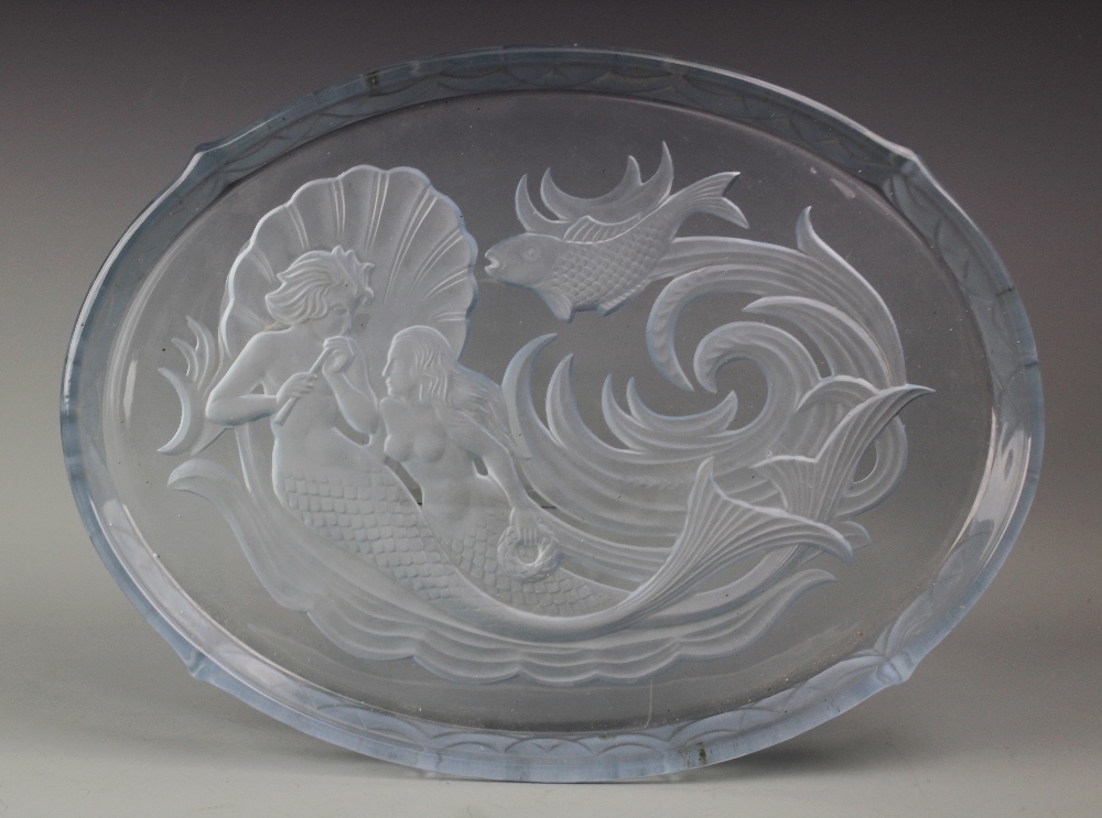 A Walther & Sohne Mermaid pattern glass dressing table tray, unmarked,