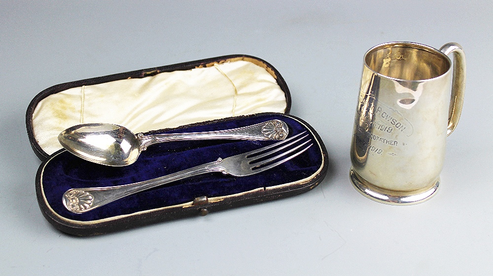 A cased silver christening fork and spoon set, Sheffield 1855, initialled verso,