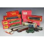 A collection of Hornby track, locomotives, tenders, carriages,