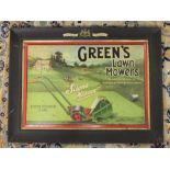 A vintage 'Green's Lawn Mowers, Silens Messor' tin plate sign 'Appointed by Royal Warrant,