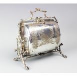 A Victorian silver plated biscuit box, with two hinged sections engraved with ferns,