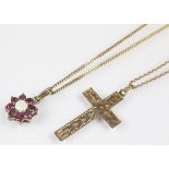 A 9ct gold cross pendant and attached fine chain, weight 3.