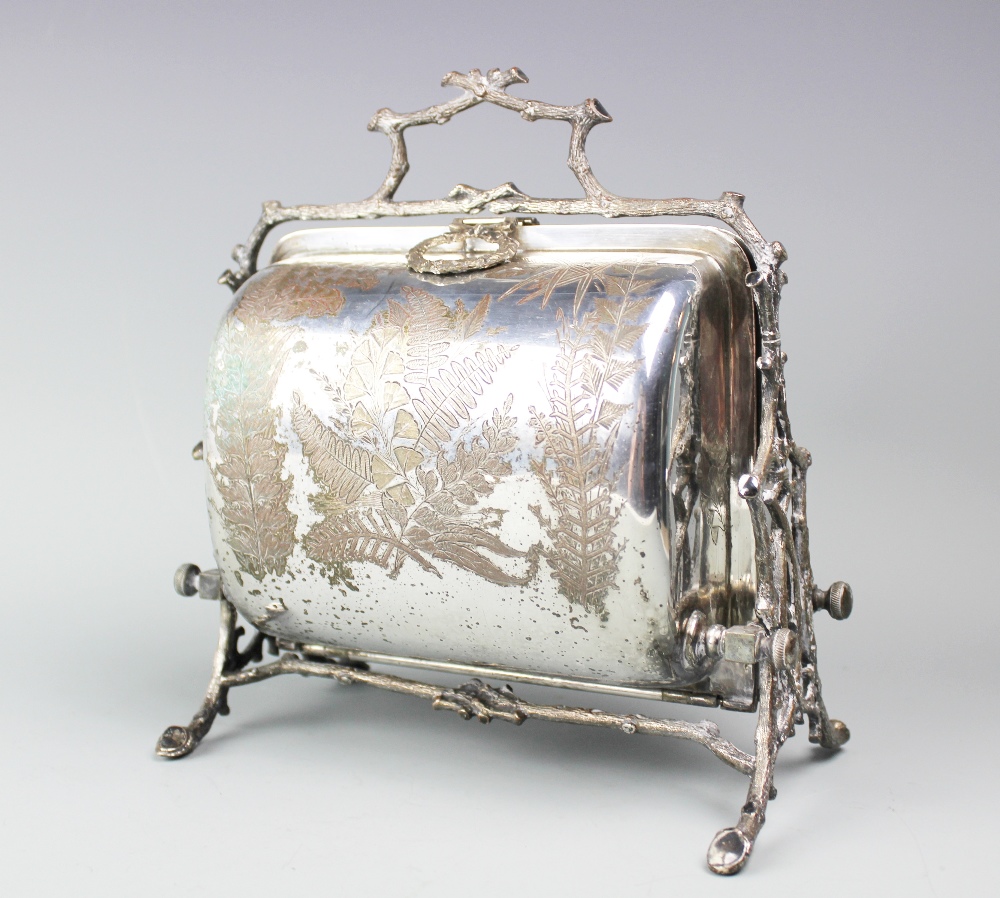 A Victorian silver plated biscuit box, with two hinged sections engraved with ferns, - Image 3 of 3