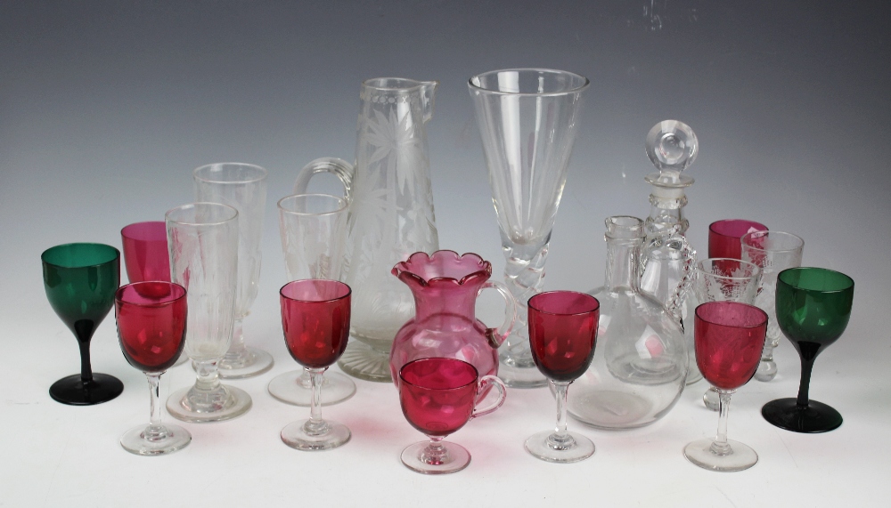 A collection of Victorian and later glass wares, to include six cranberry glass wine glasses,