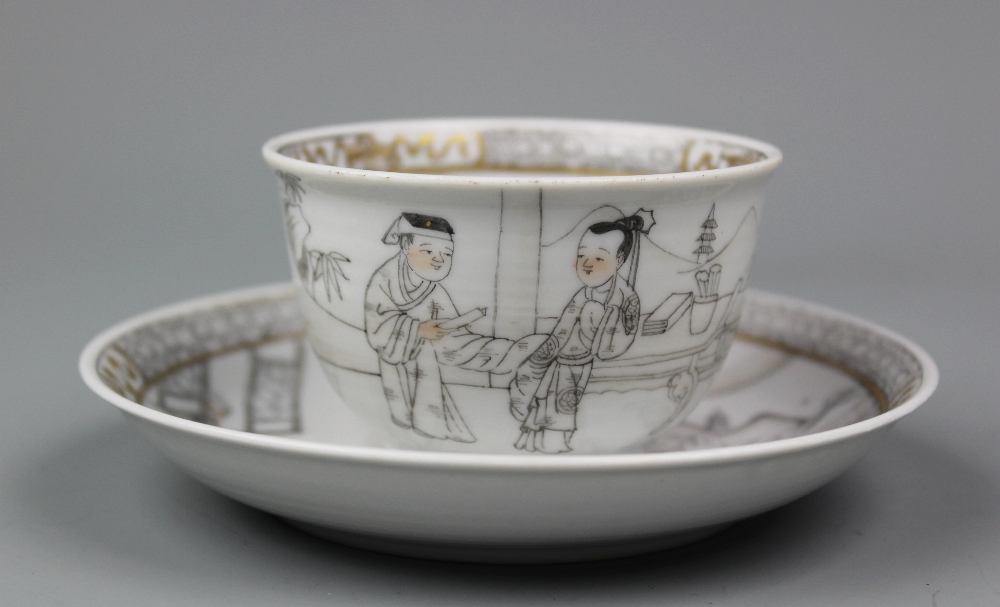 An 18th century style Chinese porcelain en grisaille cup and saucer, cup 4. - Image 2 of 4