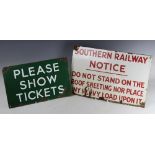 Two vintage vitreous enamel railway signs, for 'Please Show Tickets', 25cm x 40.