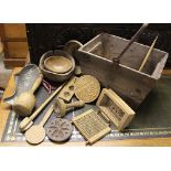 A selection of vintage treen kitchen spatulas and butter prits and bowls,