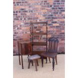 A Regency mahogany toilet mirror, 70cm H, with a carved oak gothic hall chair, a milking stool,