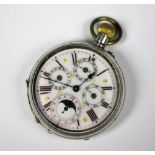 A silver cased quartetto dial calendar moon phase pocket watch,