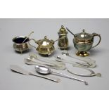 A selection of silver to include a three piece condiment set, a Mappin & Webb wet mustard,