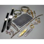 A selection of costume jewellery and wristwatches to include a paste set swallow brooch,