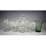 A selection of early 19th century and later glassware comprising; a pair of Victorian wine glasses,