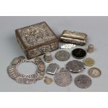 A collection of assorted coins, to include; two crowns dated 1890 and 1891, both in mounts,