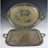 Two large Victorian silver plated twin handled serving trays,