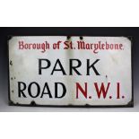 A vintage vitreous enamel London street sign 'Park Road NW1', in the borough of St Marylebone,