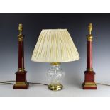 A pair of modern red and gilt painted column table lamps, 48cm high,