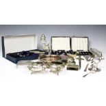 A collection of silver and plated wares, to include; two cased sets of silver teaspoons,