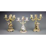 A German porcelain Volkstedt three branch candelabra,