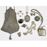 A collection of assorted silver and silver coloured jewellery, to include; a ladys EPNS mesh purse,