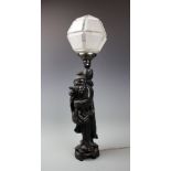 A Japanese carved hardwood lamp, modelled as a travelling sage on pierced base,