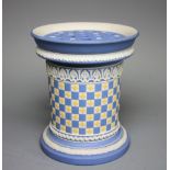 A Wedgwood tri-colour jasperware dice pattern vase and pierced cover, impressed 'No.