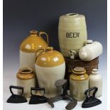 A selection of early 20th century two tone stoneware flagons,